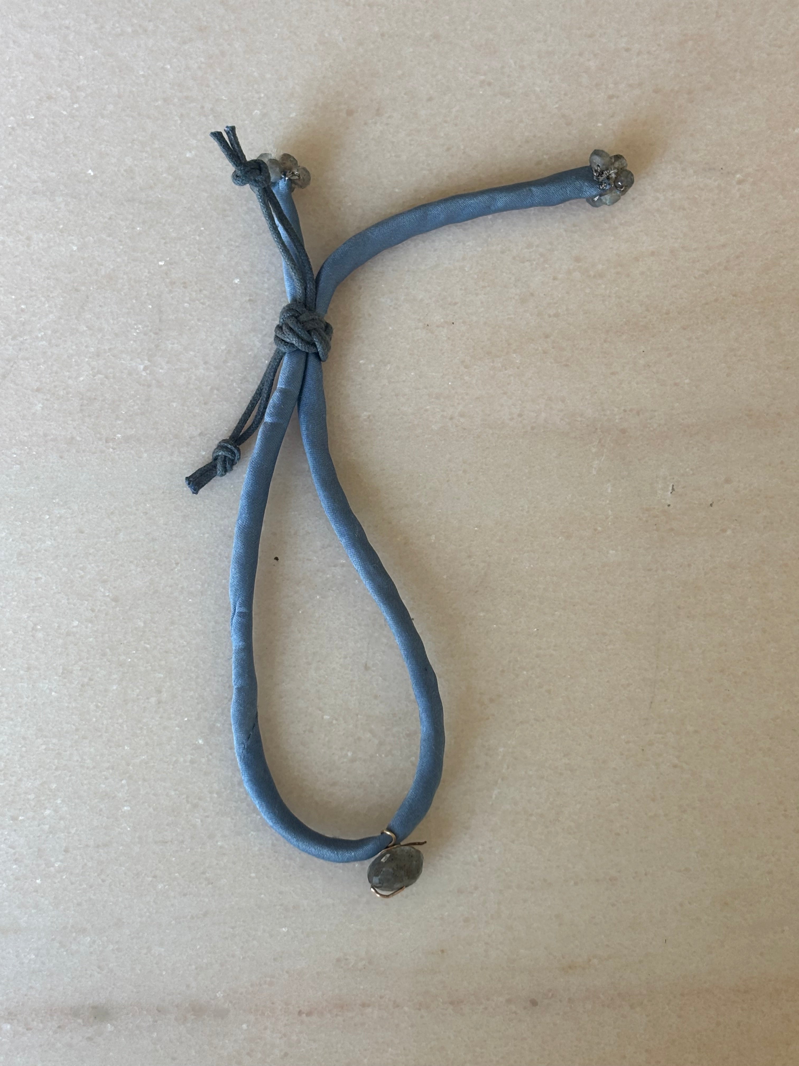 Blue jeans silk bracelet side view with labradorite by Boussidan.