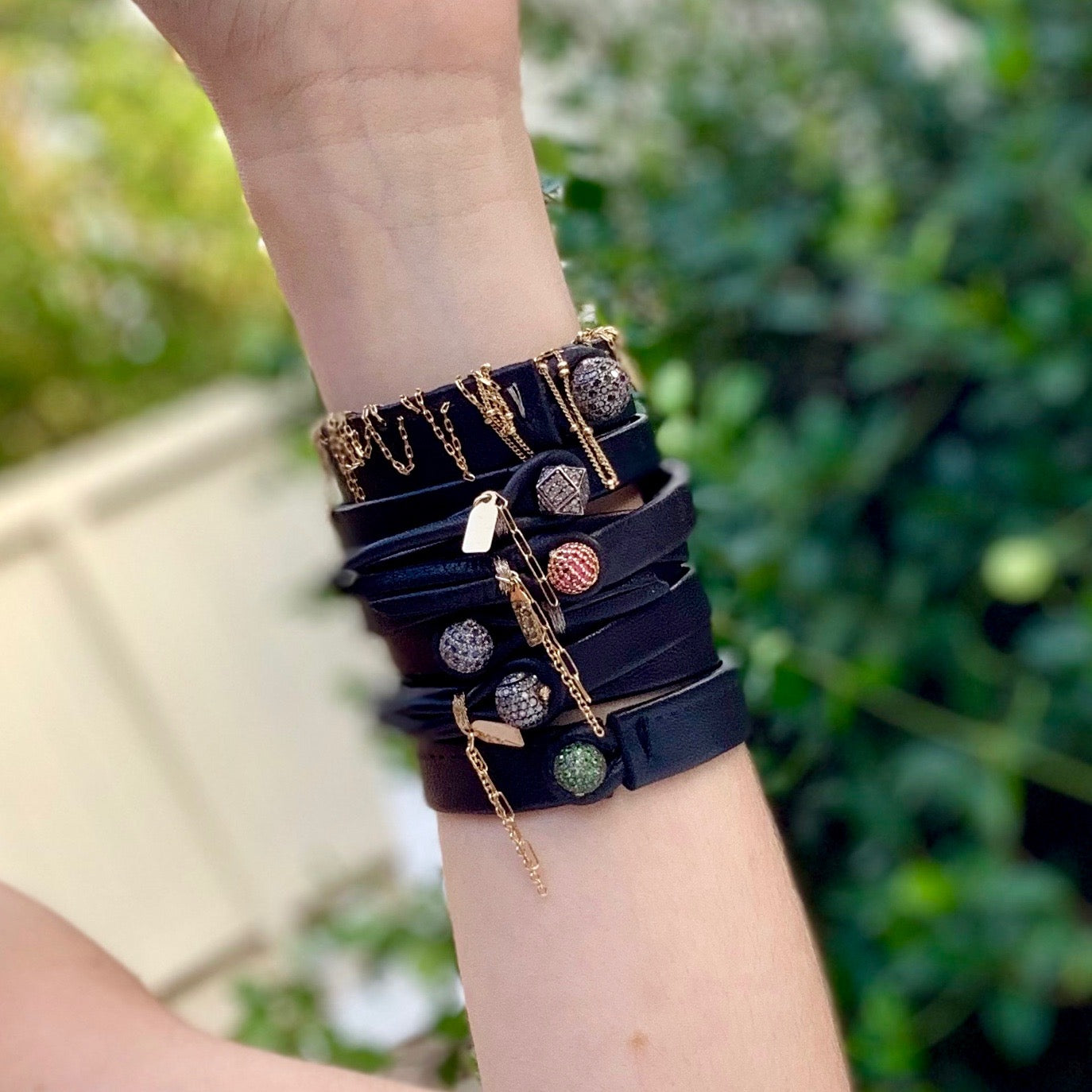 The Enchantresse single wrap leather bracelet on wrist, showcasing feminine luxury by Boussidan