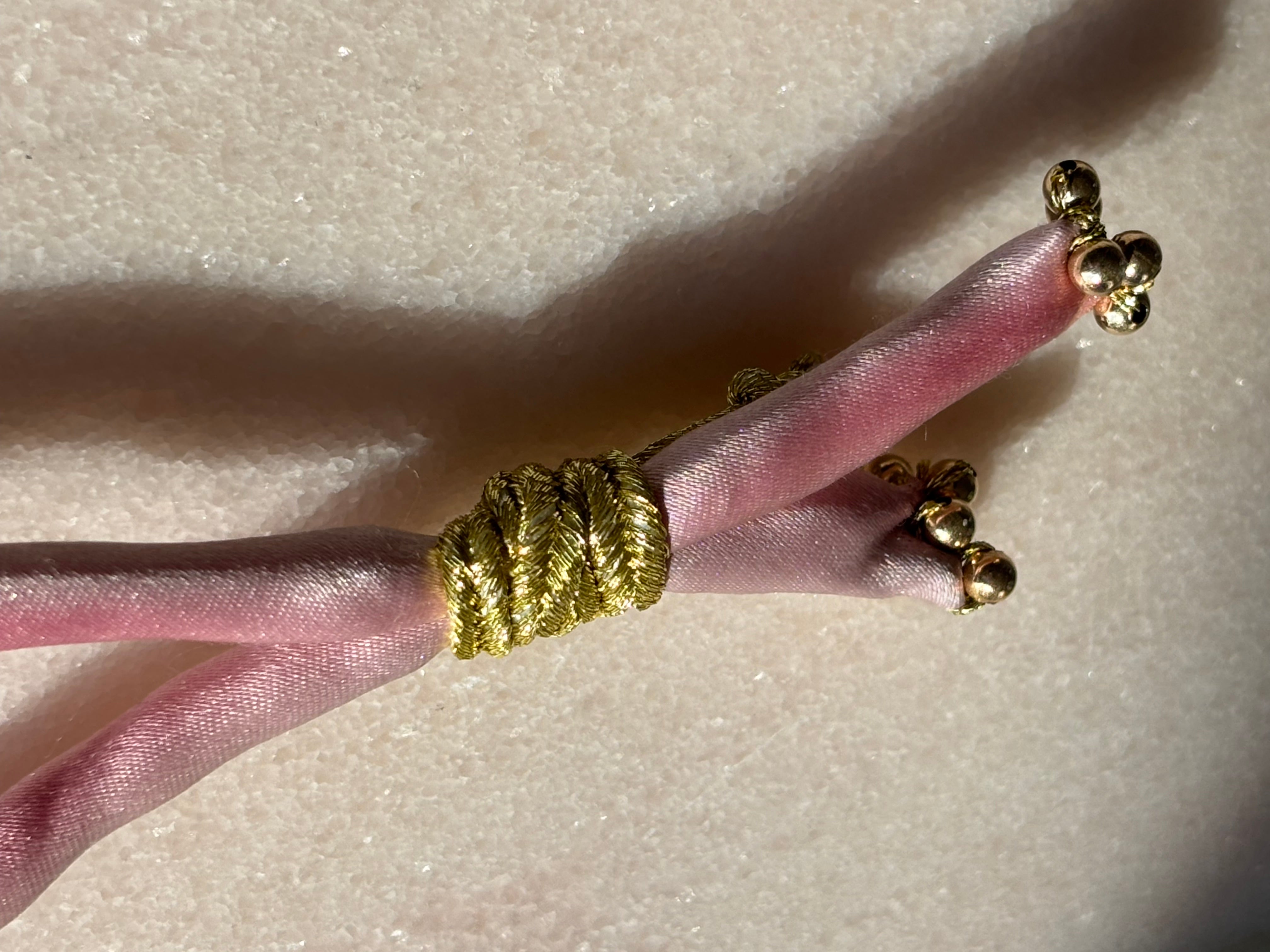 Pink silk bracelet gold filled beads gold thread gold cord button slide up and down by boussidan
