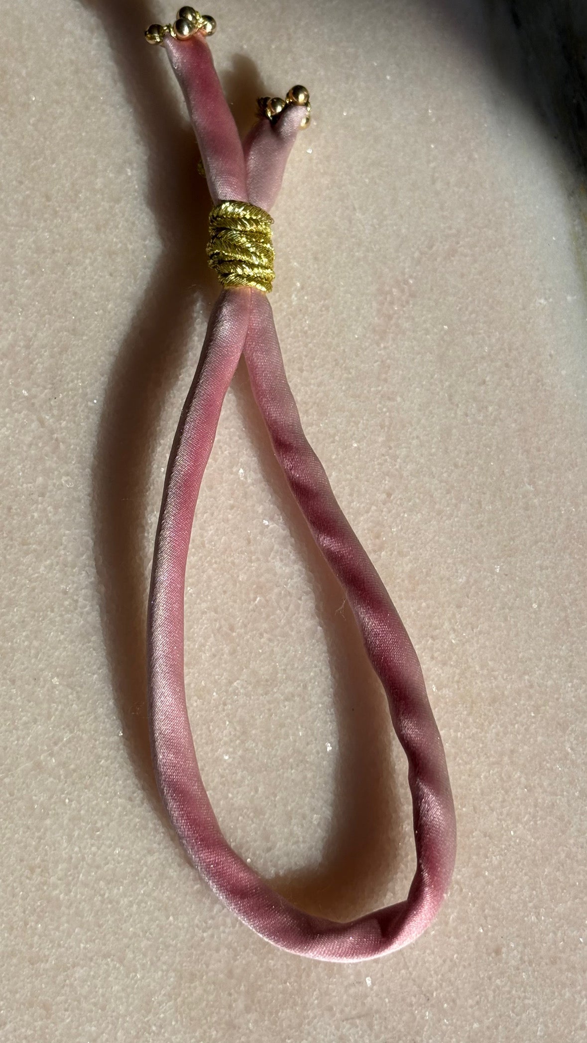 Pink silk bracelet gold filled beads gold thread gold cord button slide up and down by boussidan