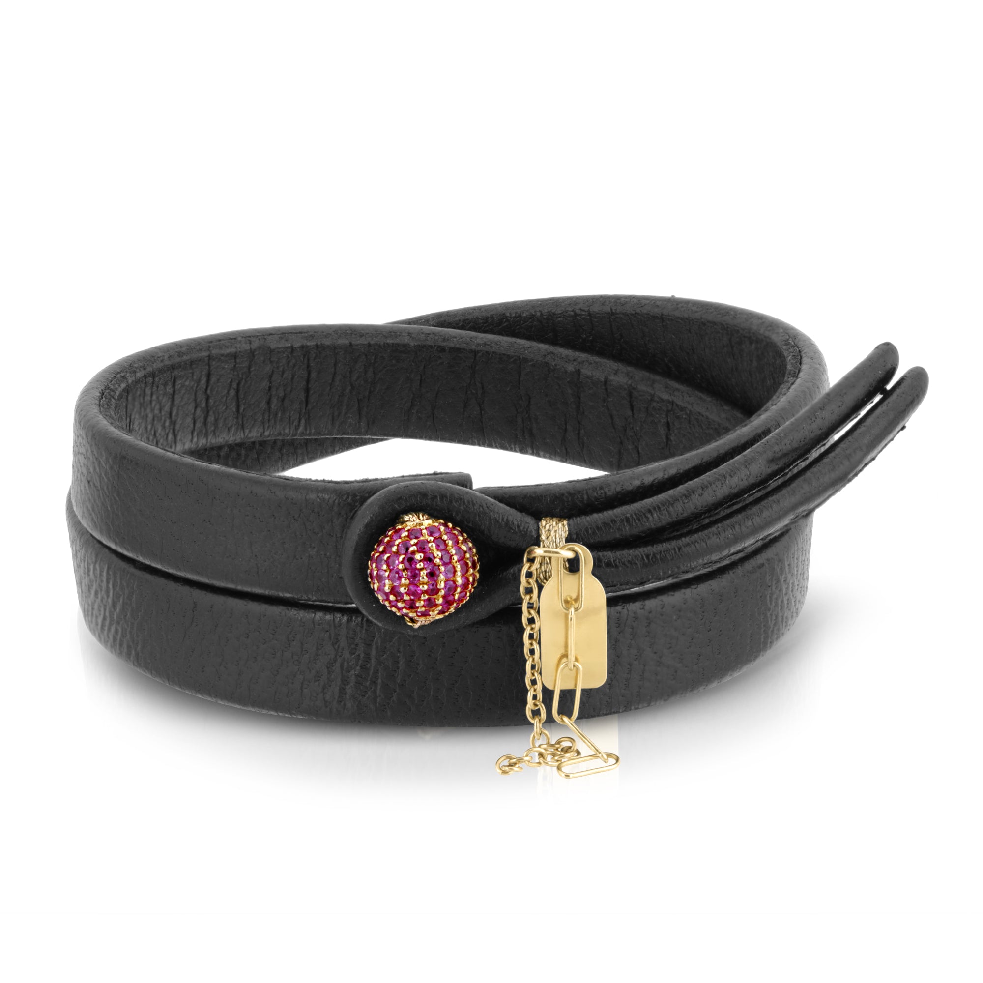 The Empress double wrap leather bracelet with 14k gold ruby by Boussidan