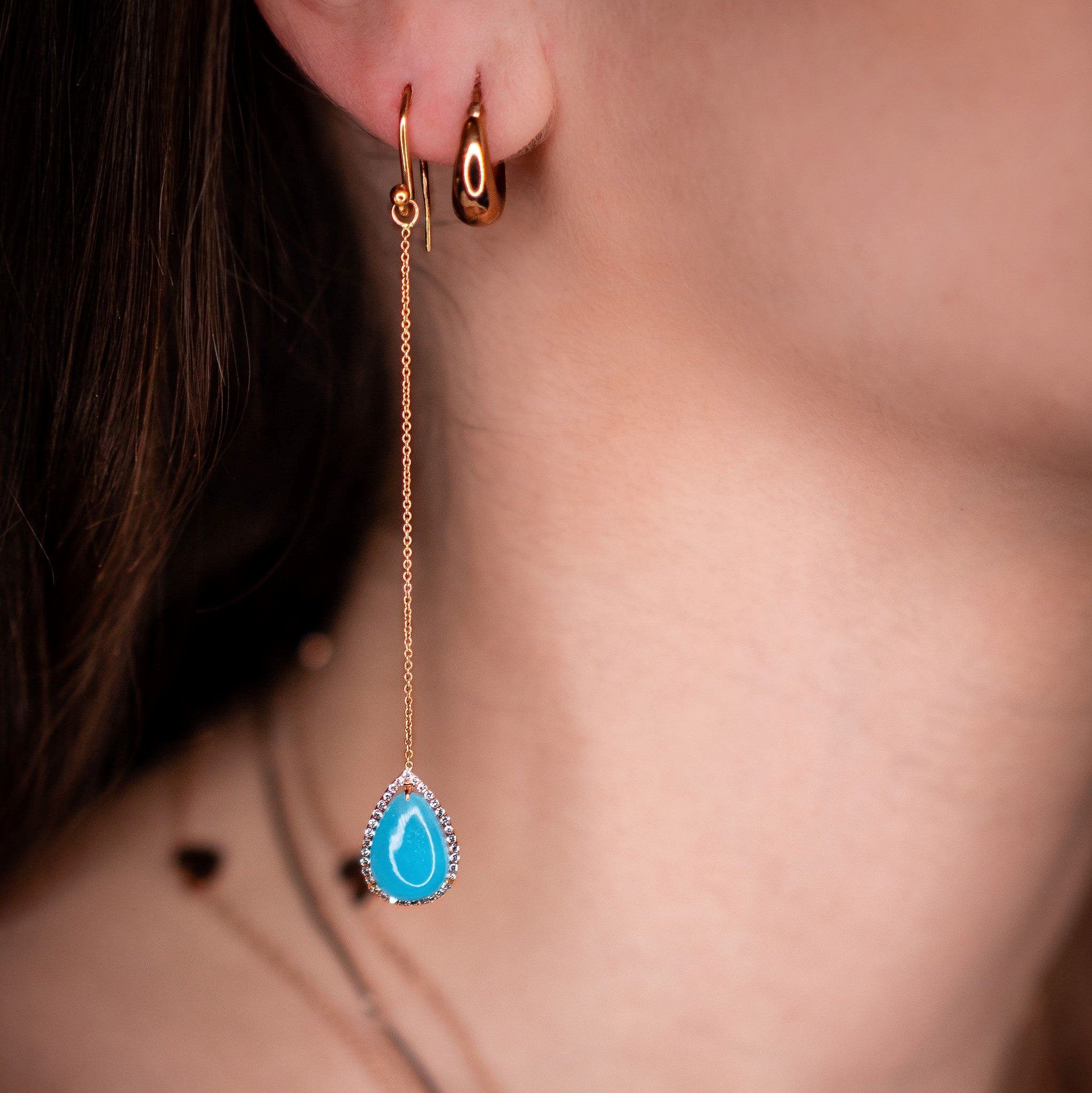 14k gold chain earring with hemimorphite on model by Boussidan