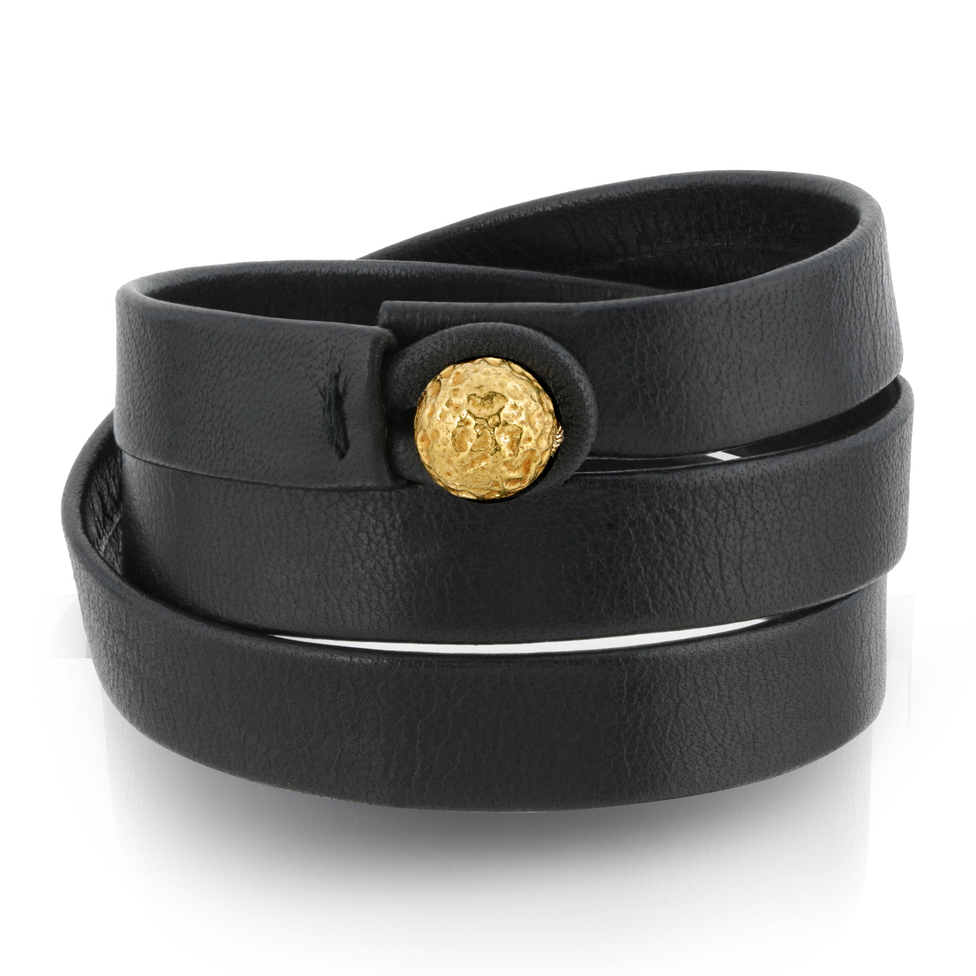 The Oro unisex triple wrap leather bracelet with 22k gold ball by Boussidan