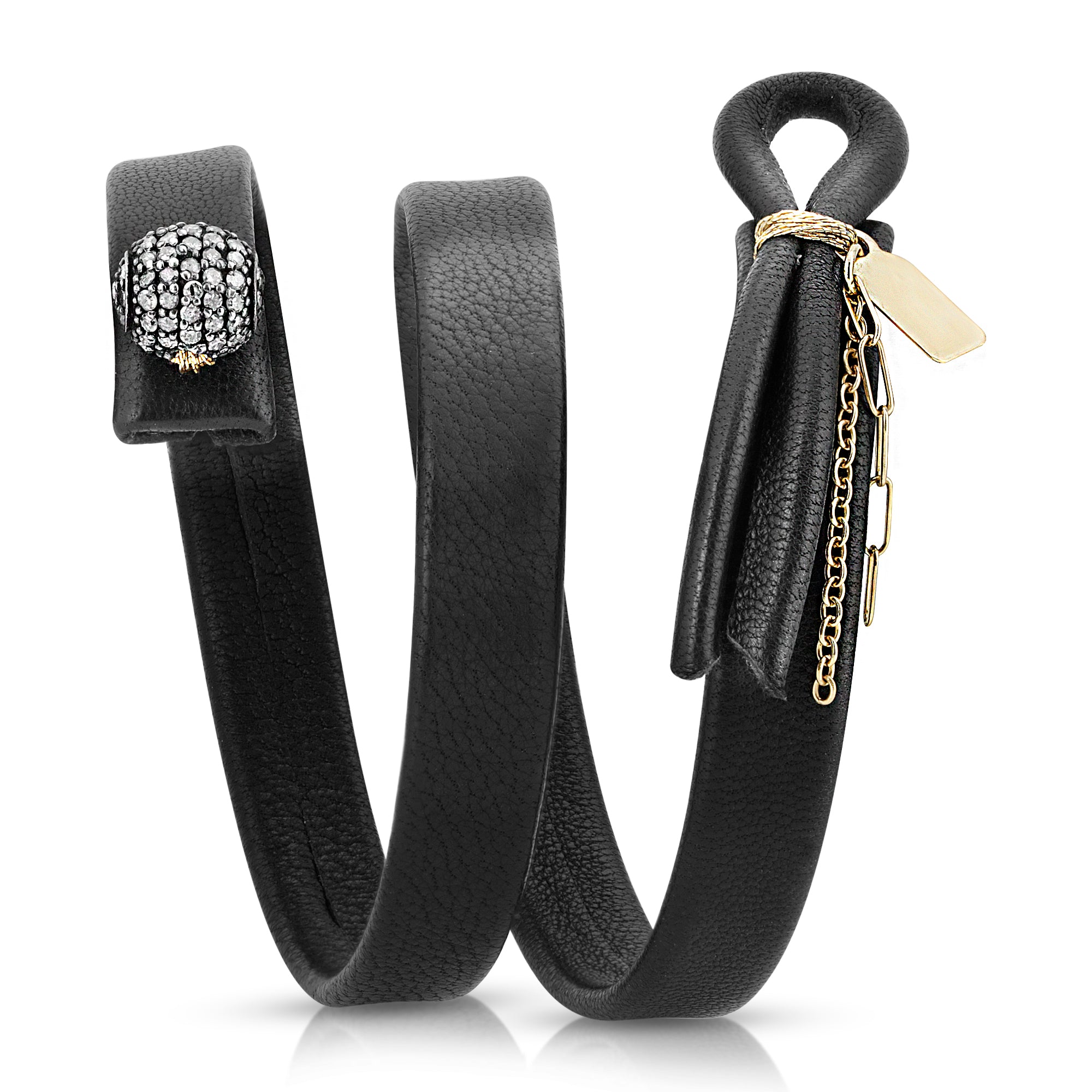 Close-up of sterling silver flower diamond ball on The Fleur leather bracelet