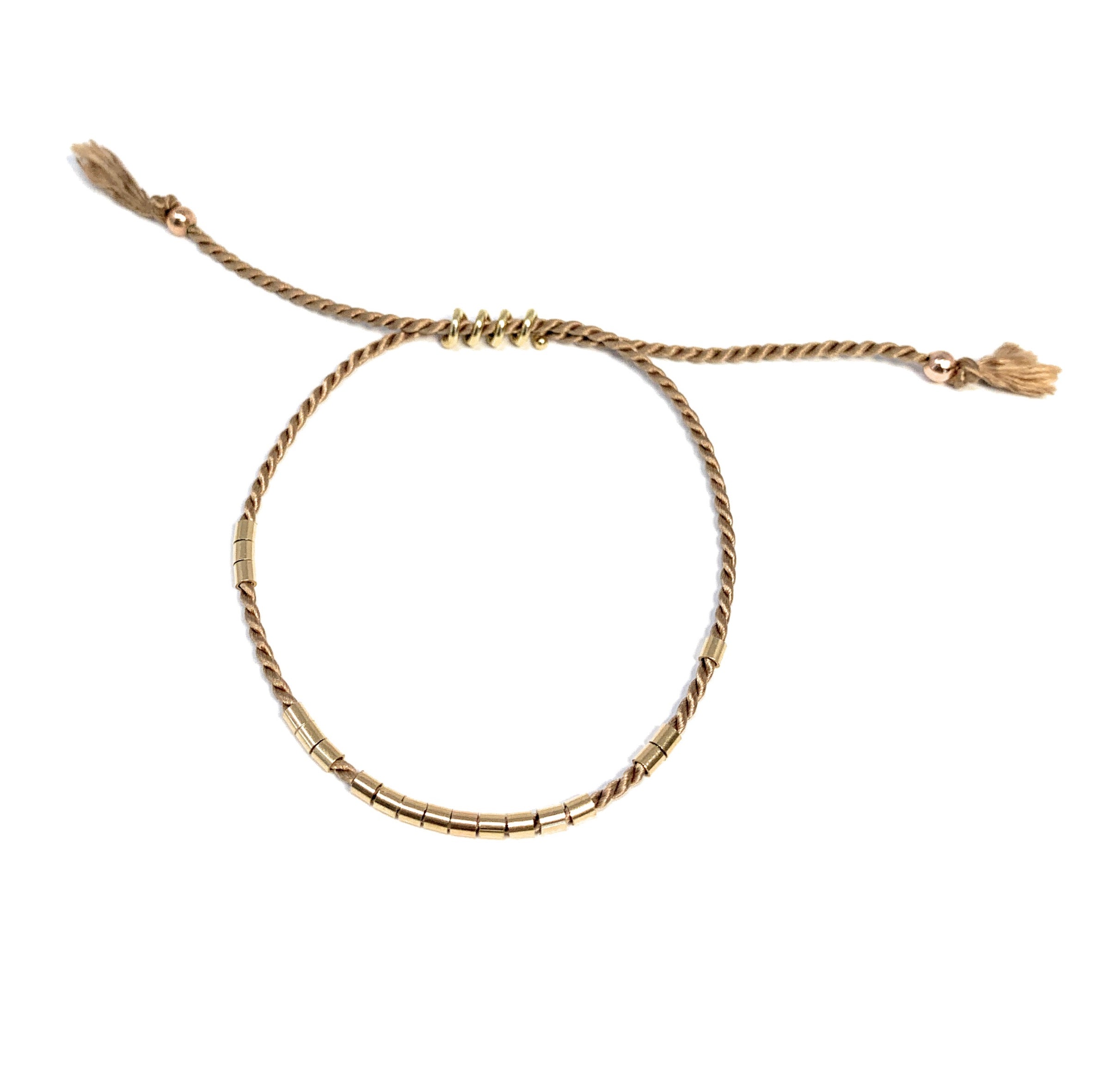 14k gold tubes on silk cord bracelet by Boussidan