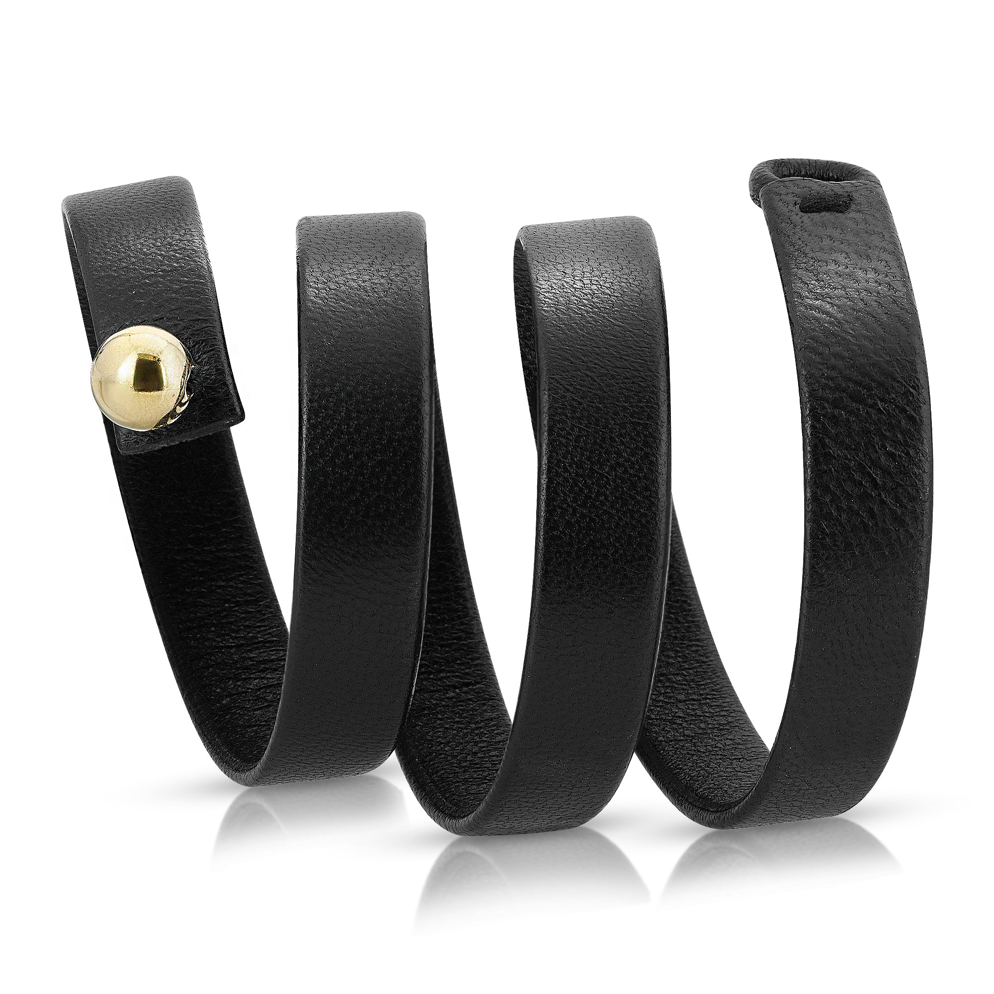 Close-up of 14k gold ball on The Vanguard unisex leather bracelet by Boussidan