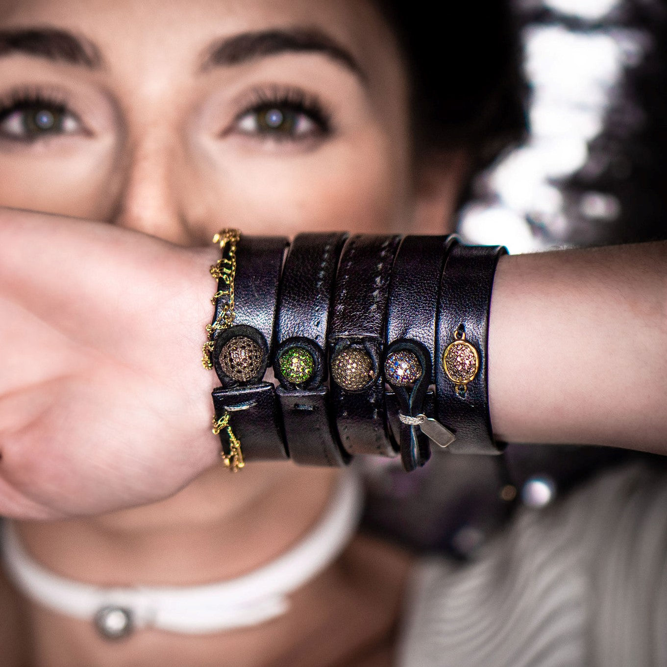 The Verdante single wrap leather bracelet on wrist, showcasing feminine luxury