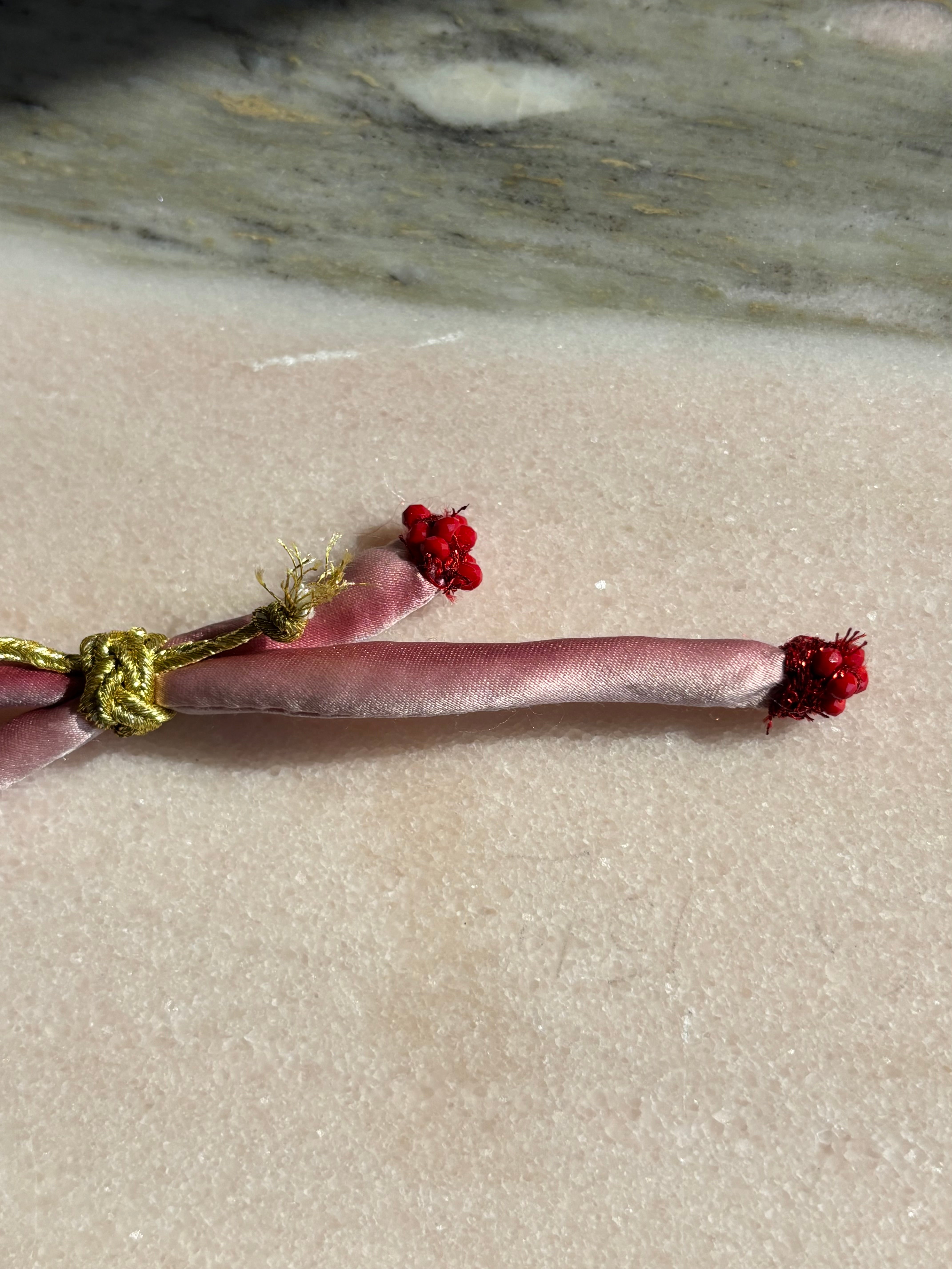 Red lips enamel charm pink silk bracelet adjustable gold cord button red spinel gold thread 