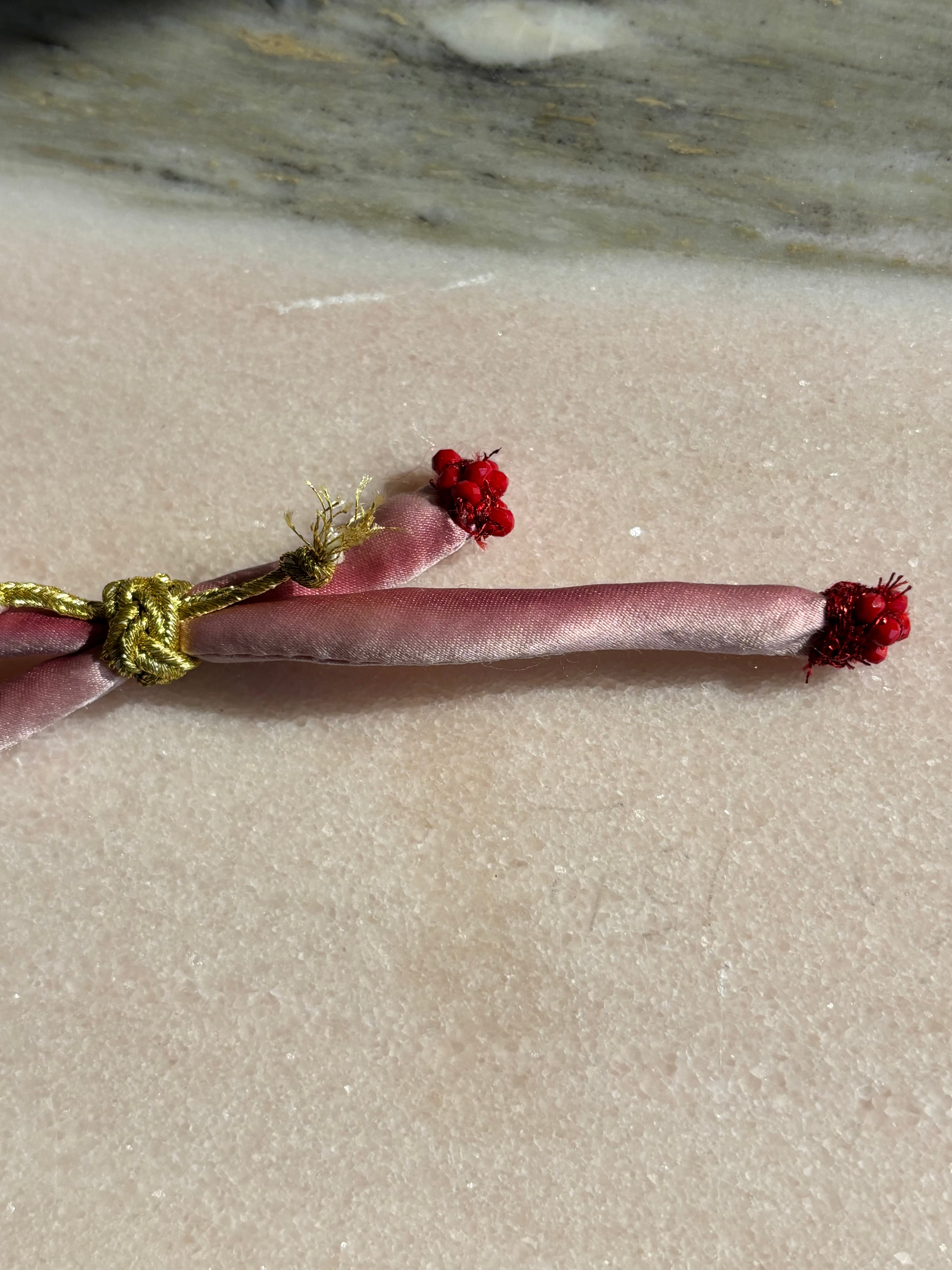Red lips enamel charm pink silk bracelet adjustable gold cord button red spinel gold thread 