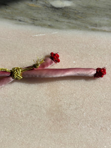 Red lips enamel charm pink silk bracelet adjustable gold cord button red spinel gold thread 