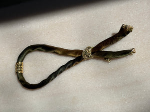 Army gold ombre silk adjustable bracelet gold cord button slides up and down gold filled beads cage accent charm gold plated 