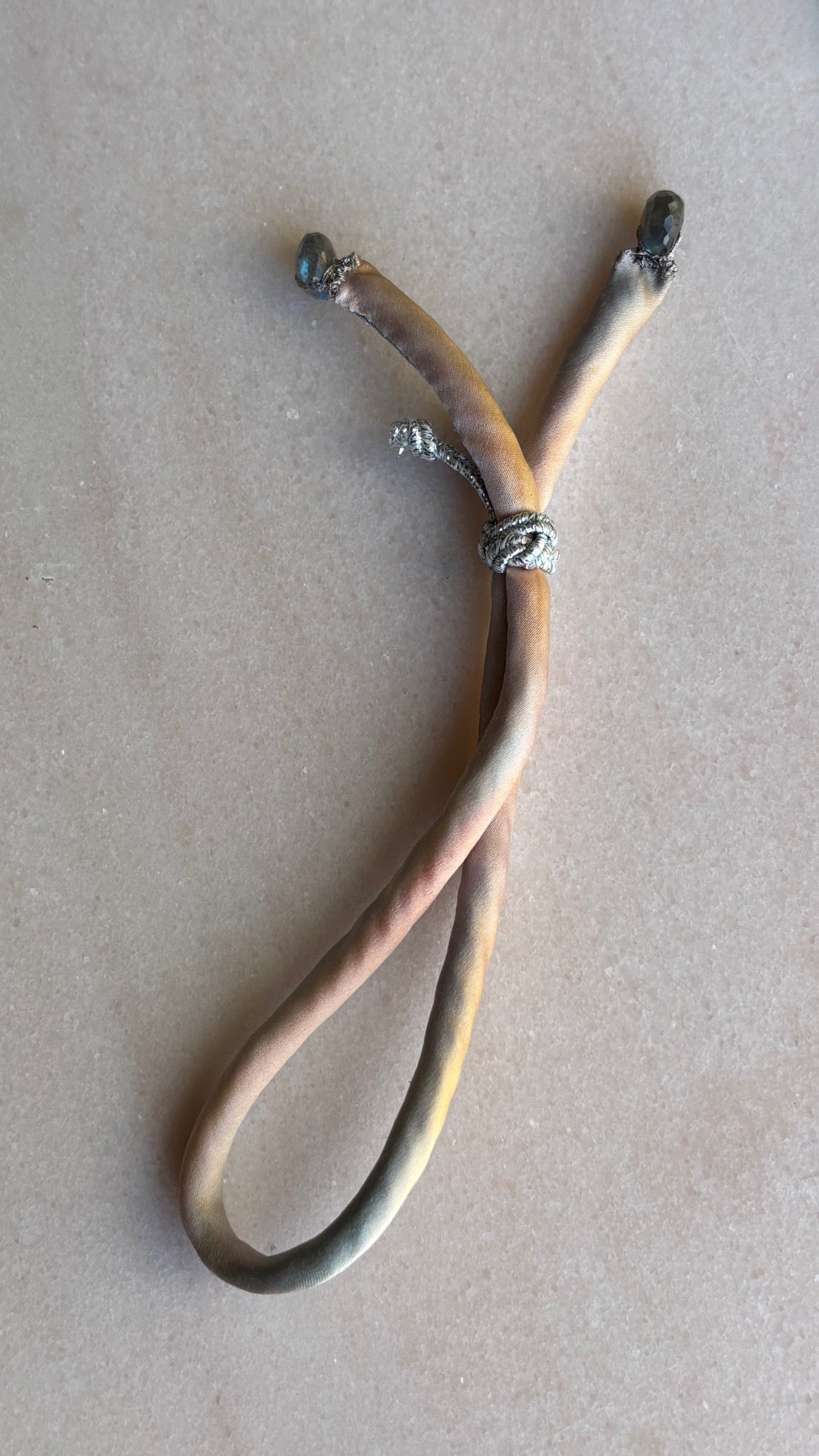 Silk ombre adjustable bracelet labradorite beads silver cord button slides up and down handmade 