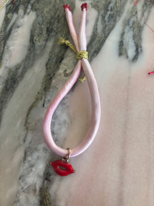 Silk bracelet pink gold thread enamel red lips charm red spinel beads