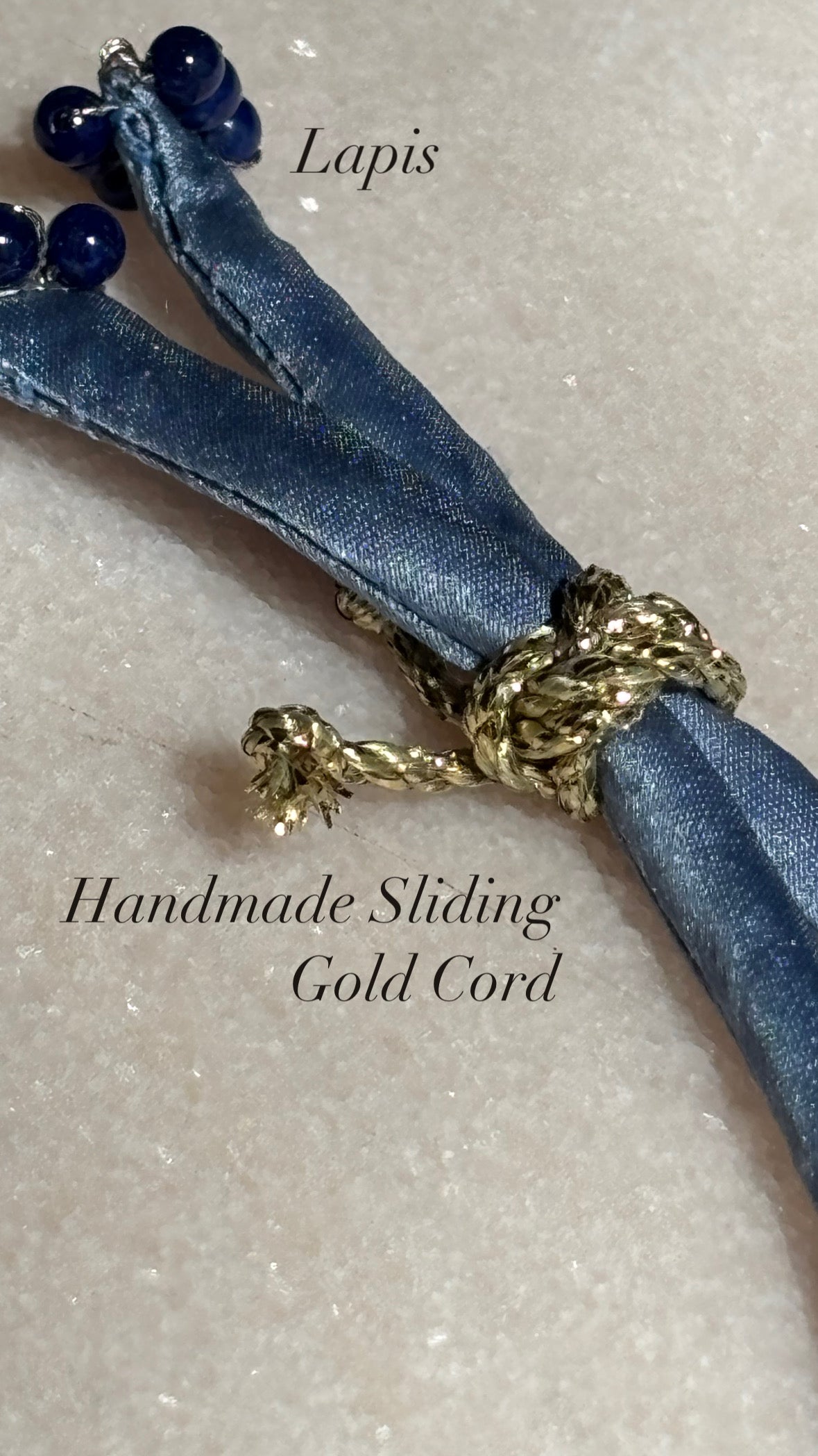Blue jeans Silk Kiss Bracelet with lapis lazuli beads on denim silk cord by Boussidan