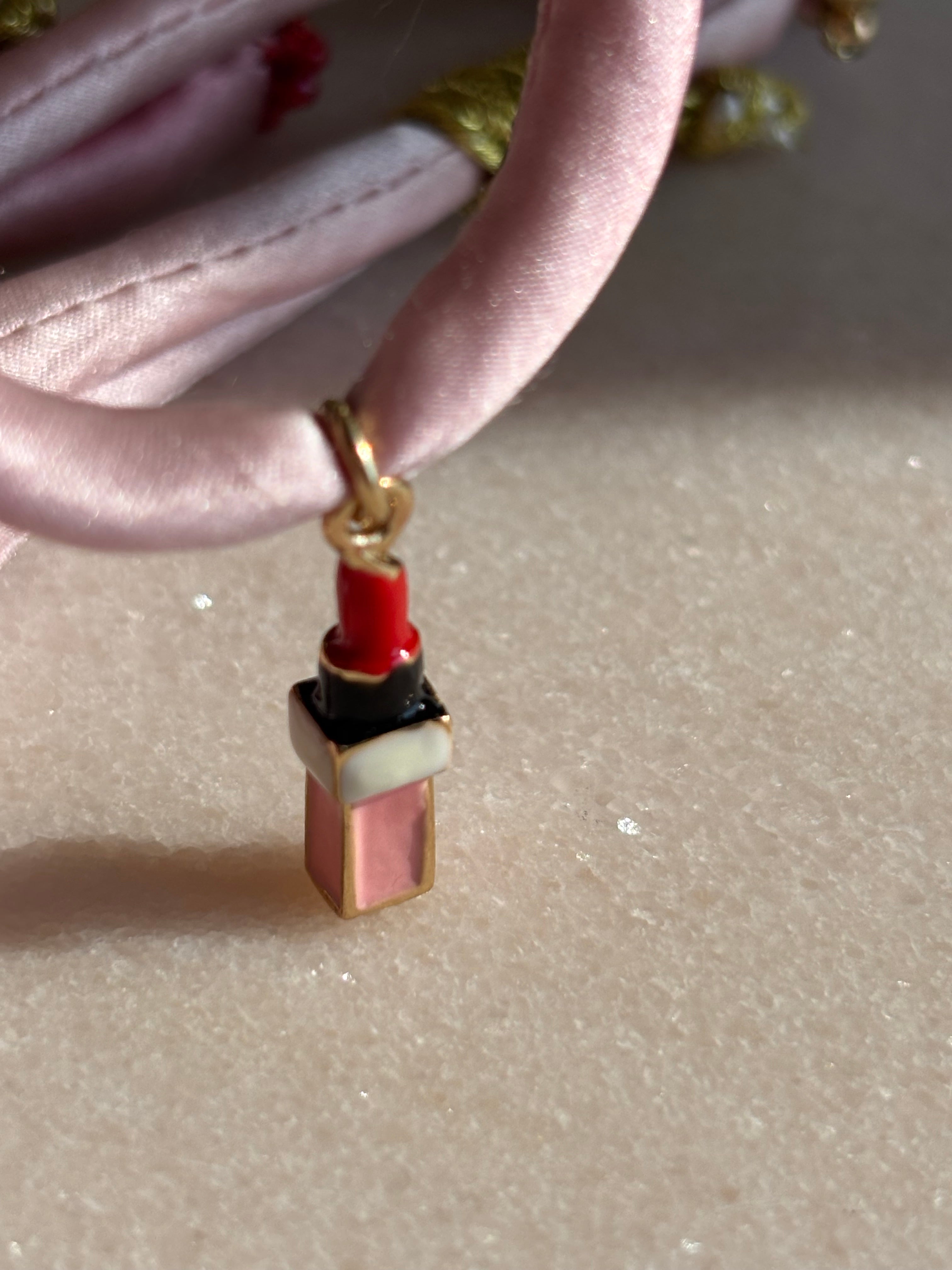 Lipstick charm pink silk adjustable bracelet red spinel gold thread button slides up and down by boussidan