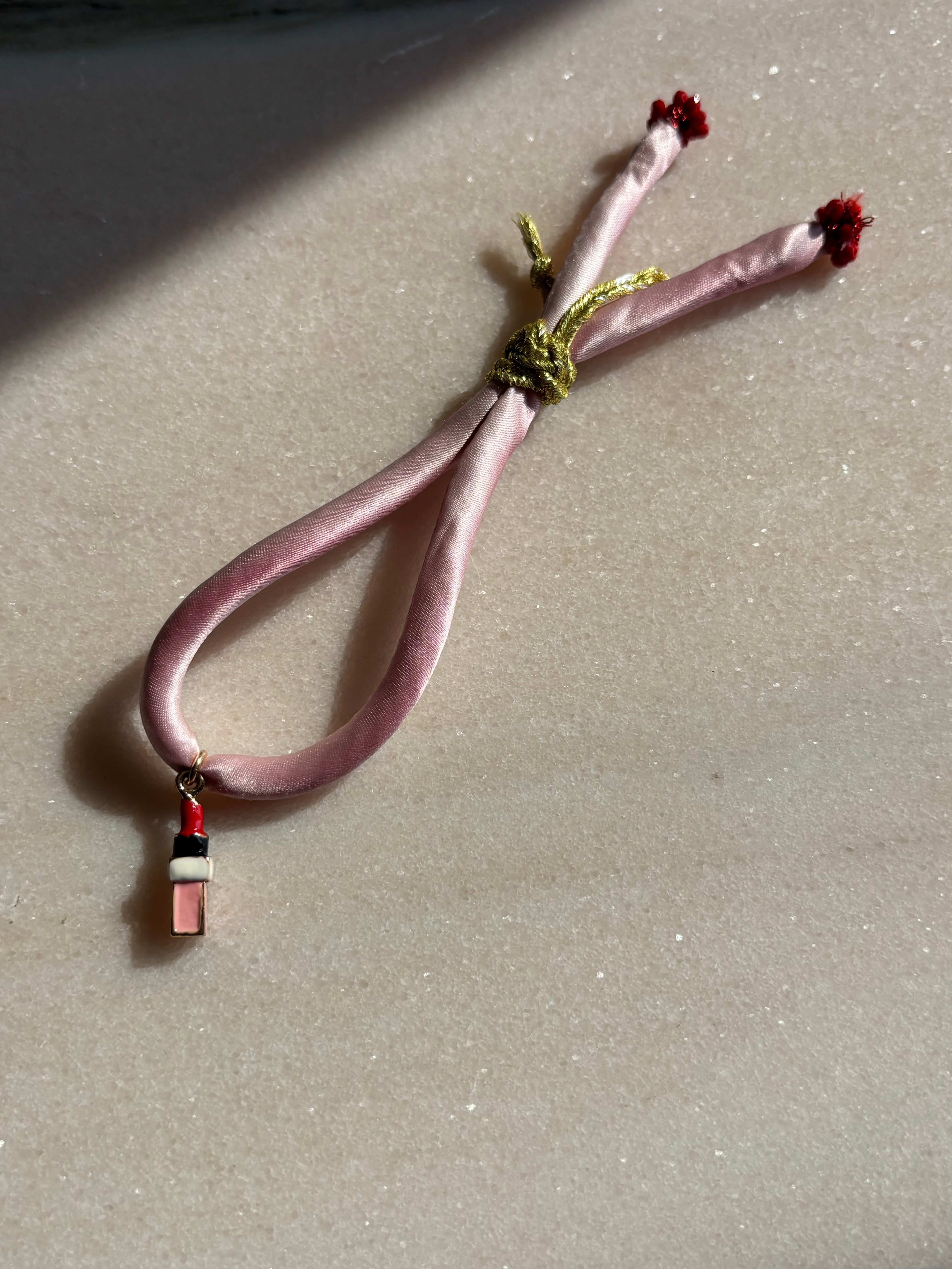 Silk pink adjustable bracelet red spinel beads gold cord button handmade by boussidan