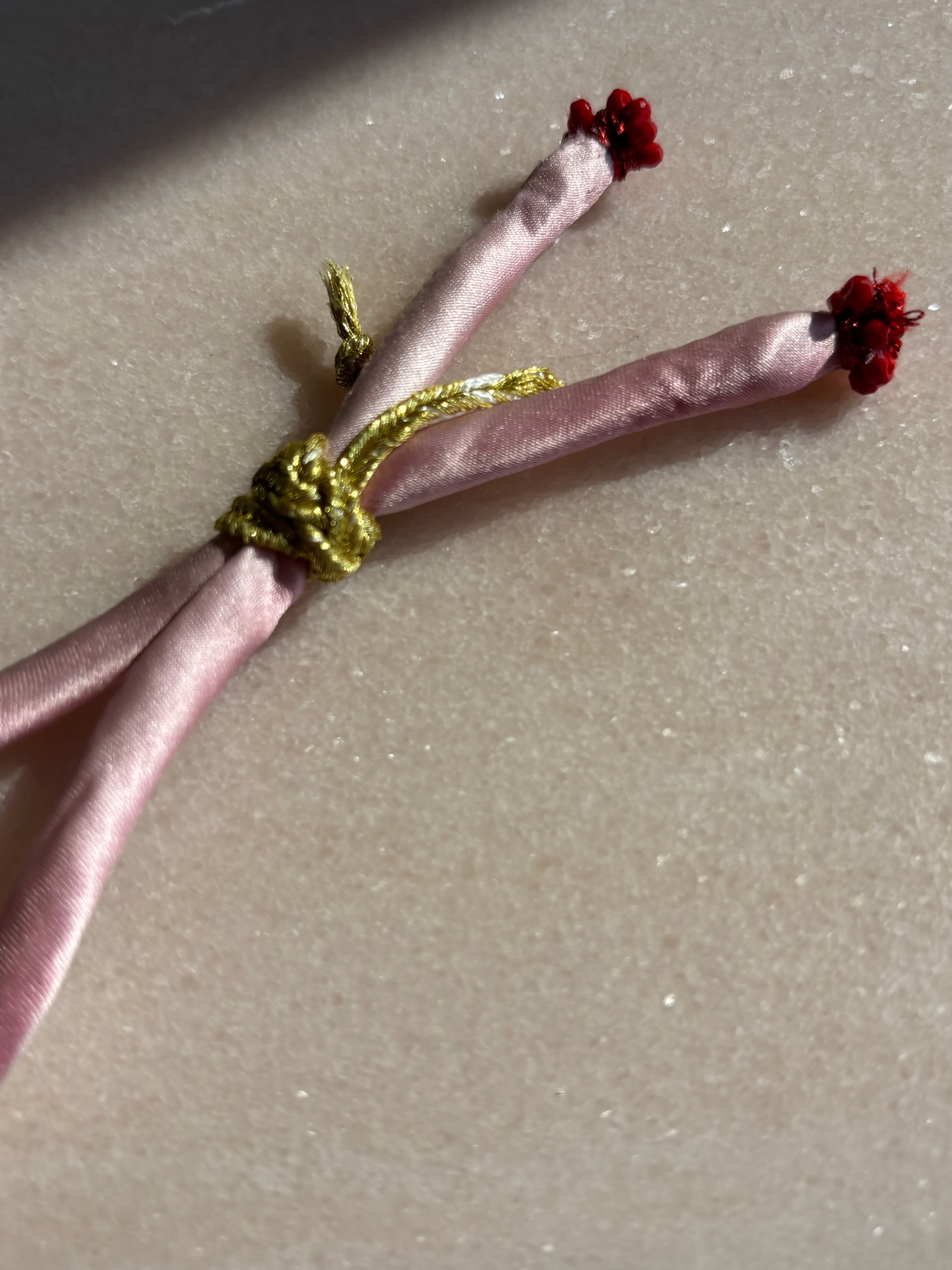 Pink silk adjustable bracelet red spinel gold cord button slides up and down handmade by boussidan