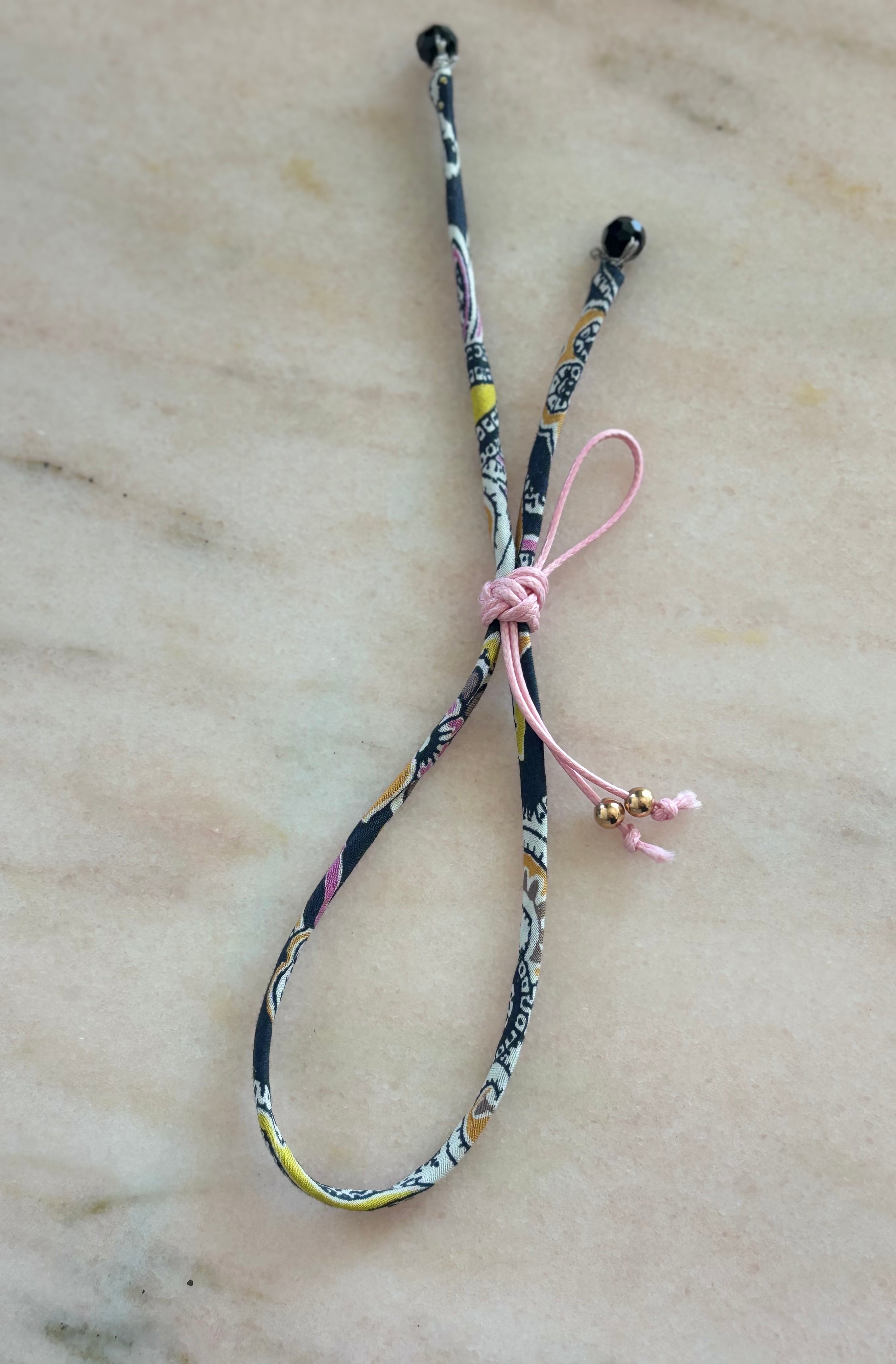 Pink Paisley Wild-Flowers Liberty Bracelet with black and pink floral cord and black spinel beads by Boussidan