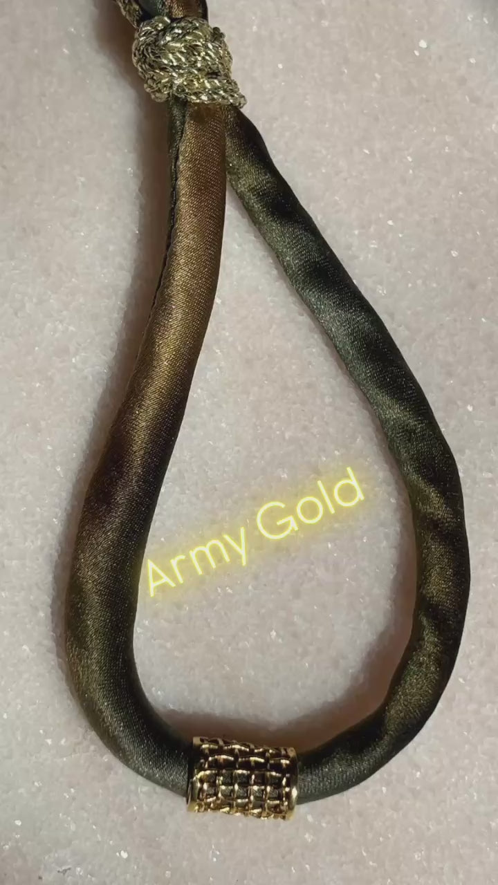 Army gold ombre silk adjustable bracelet gold cord button slides up and down gold filled beads cage accent charm gold plated 