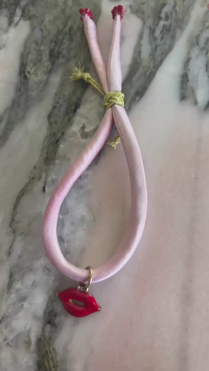 Red lips enamel charm pink silk bracelet adjustable gold cord button red spinel gold thread 