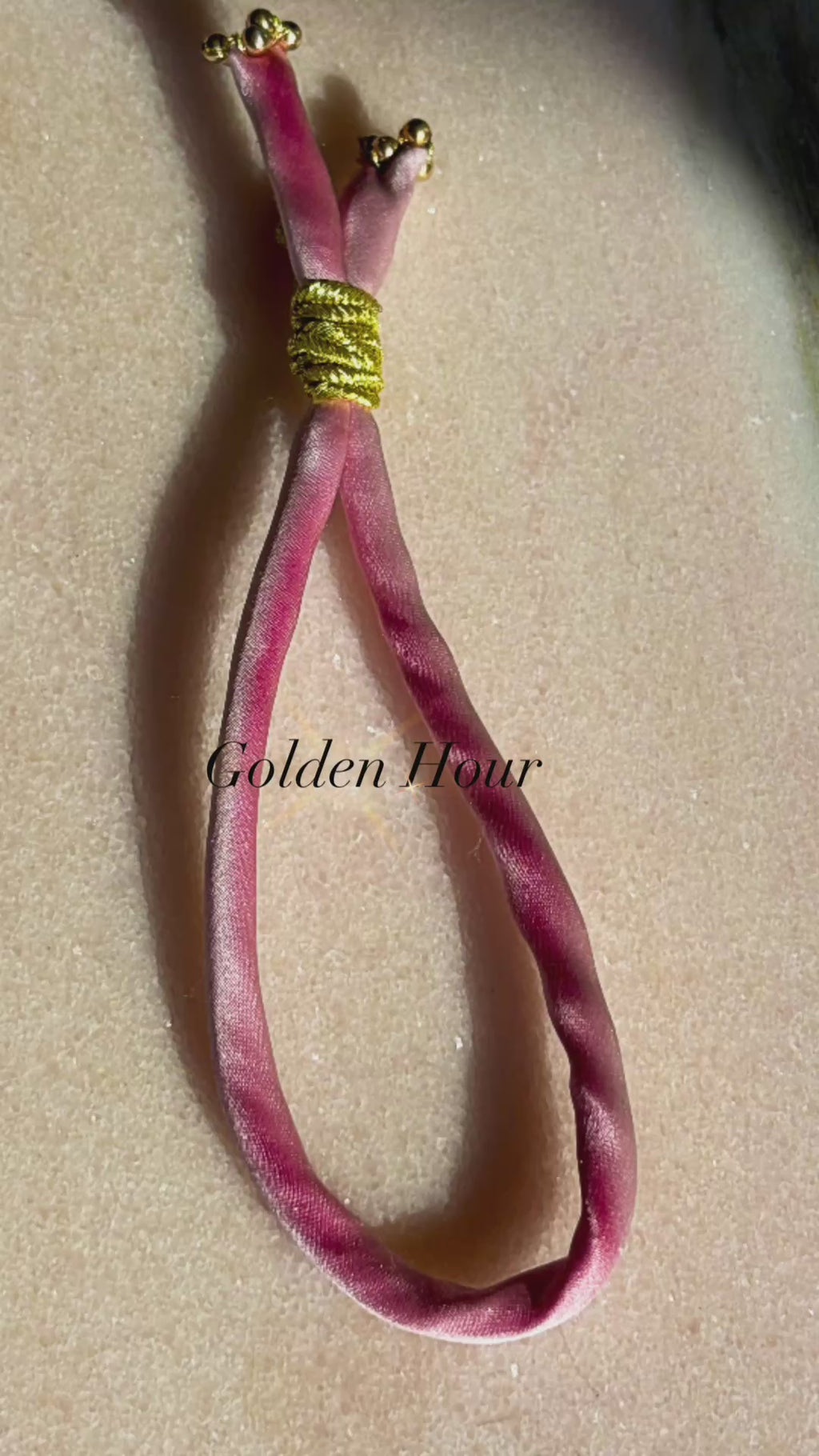 Pink silk bracelet gold filled beads gold thread gold cord button slide up and down 