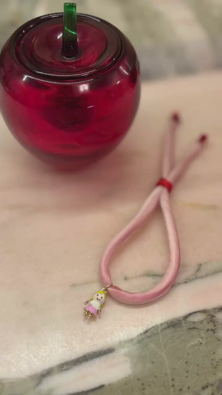 silk bracelet enamel red lips charm, red spinel beads  gold thread sliding button adjustable to your wrist 
