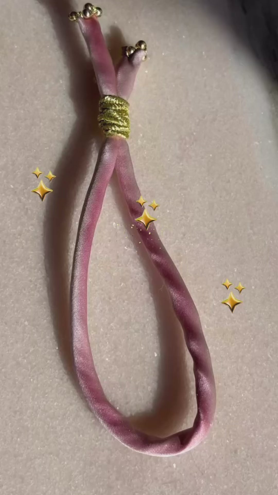 Video Pink silk bracelet gold filled beads gold thread gold cord button slide up and down by boussidan