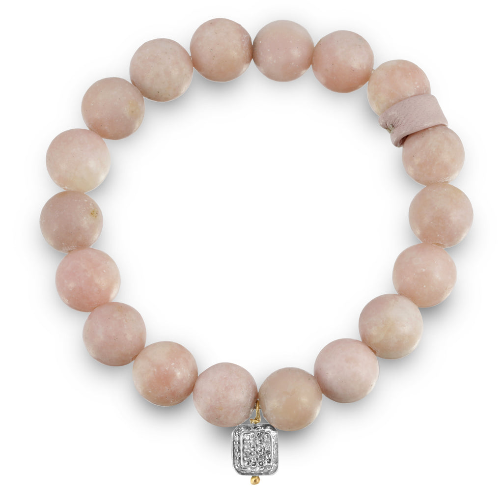 Pink opal stretch bead bracelet diamond charm leather bead 
