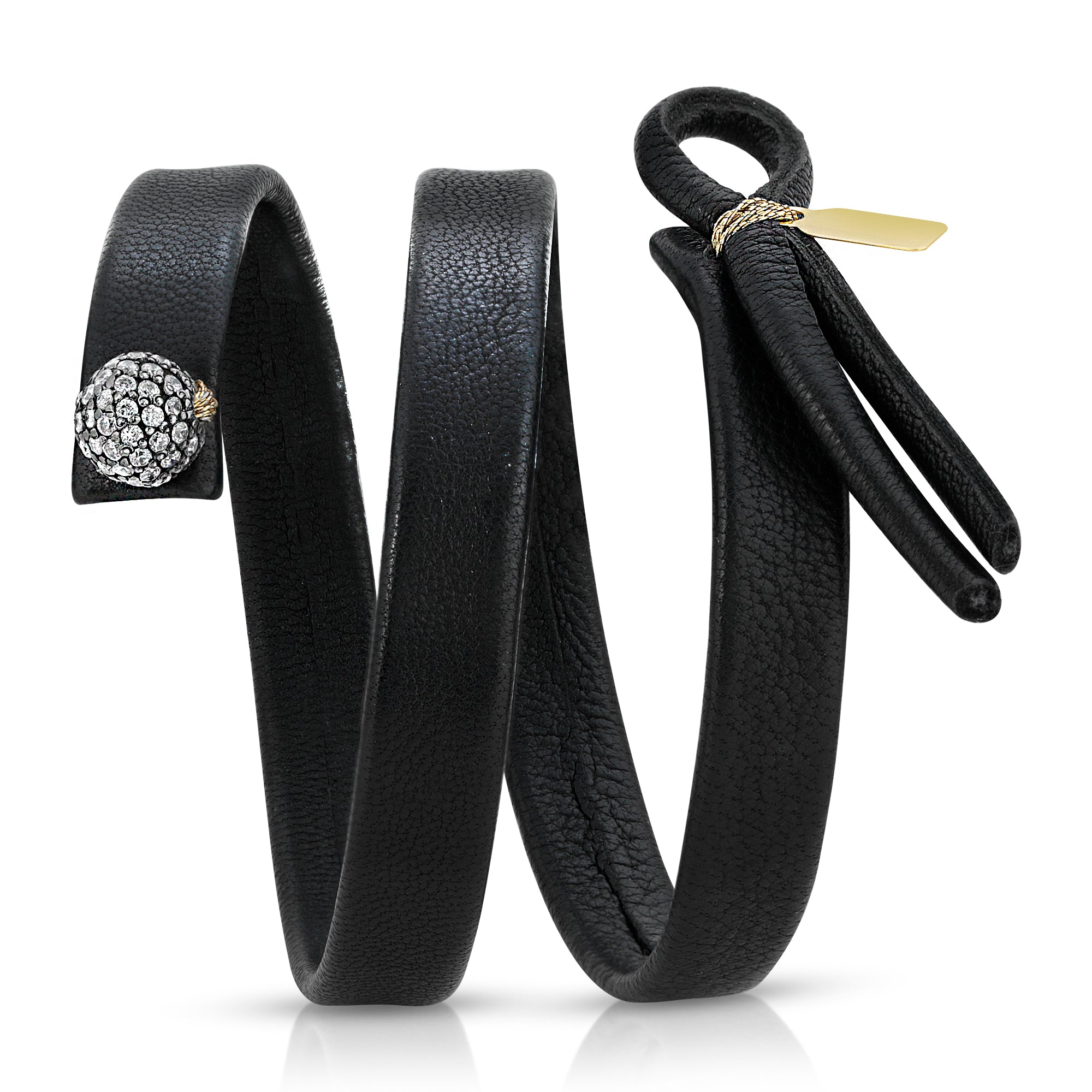 Close-up of diamond ball on The Brilliante double wrap leather bracelet
