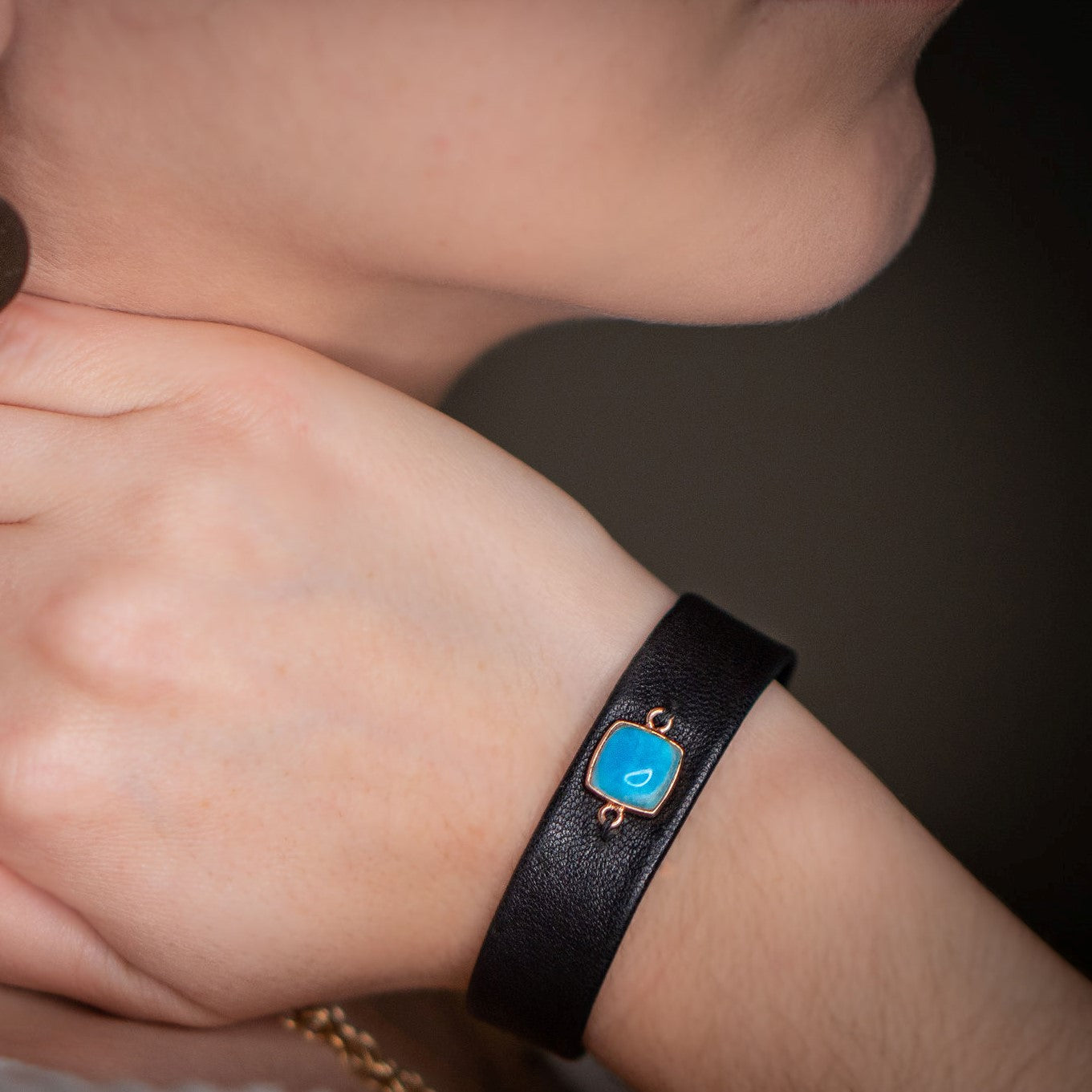 The Celeste single wrap leather bracelet on wrist, showcasing feminine luxury

