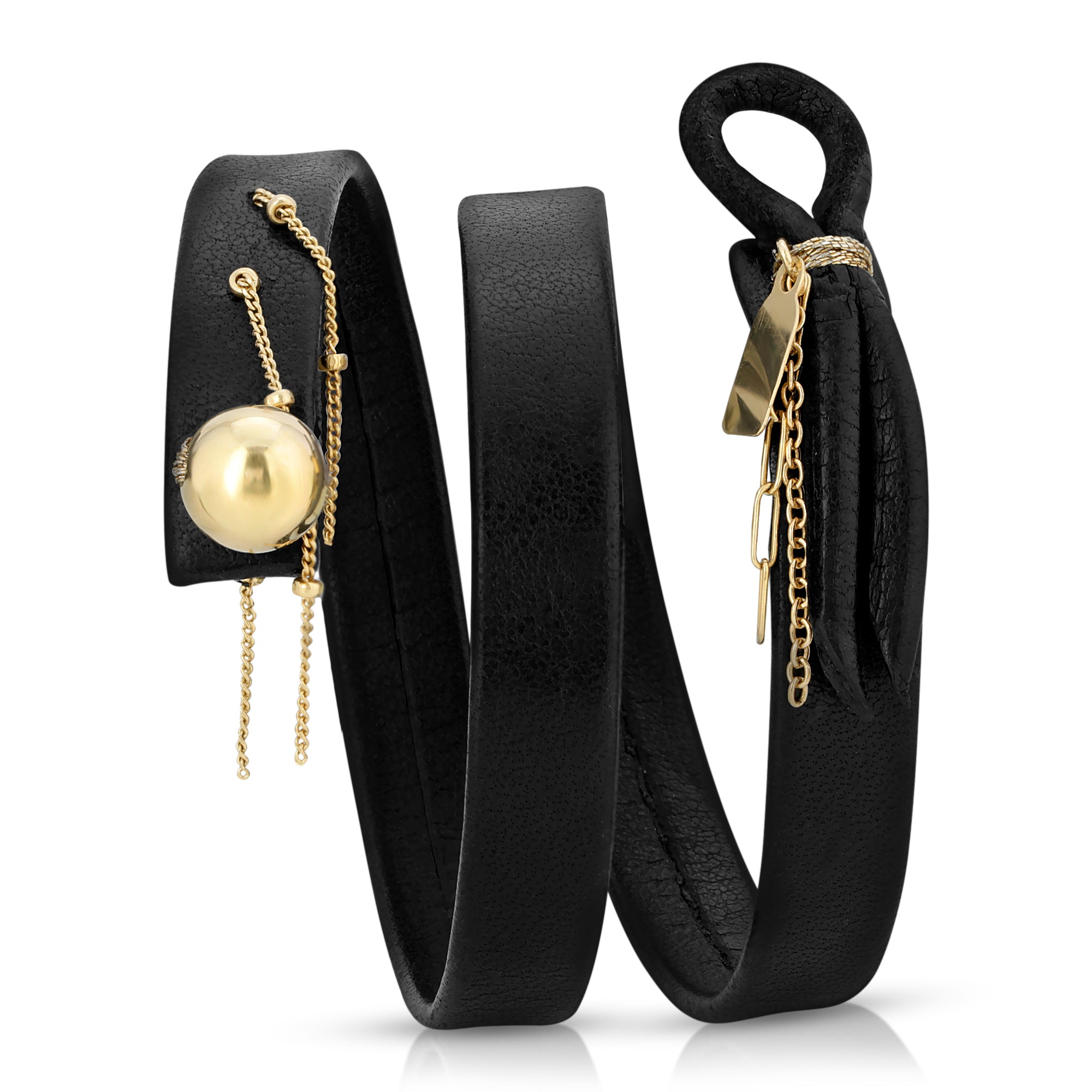 Close-up of 14k gold ball on The Aurum leather bracelet