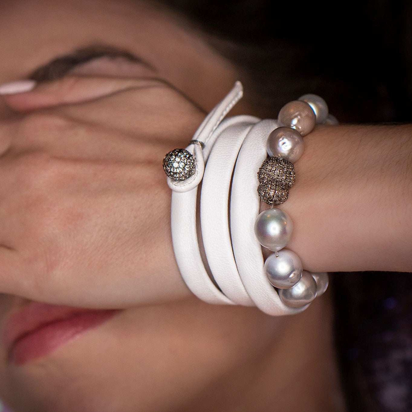 The Azure triple wrap leather bracelet styled with other Boussidan jewelry

