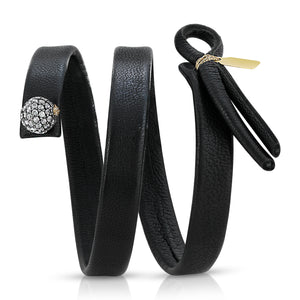 Close-up of sterling silver diamond ball on The Brilliante leather bracelet