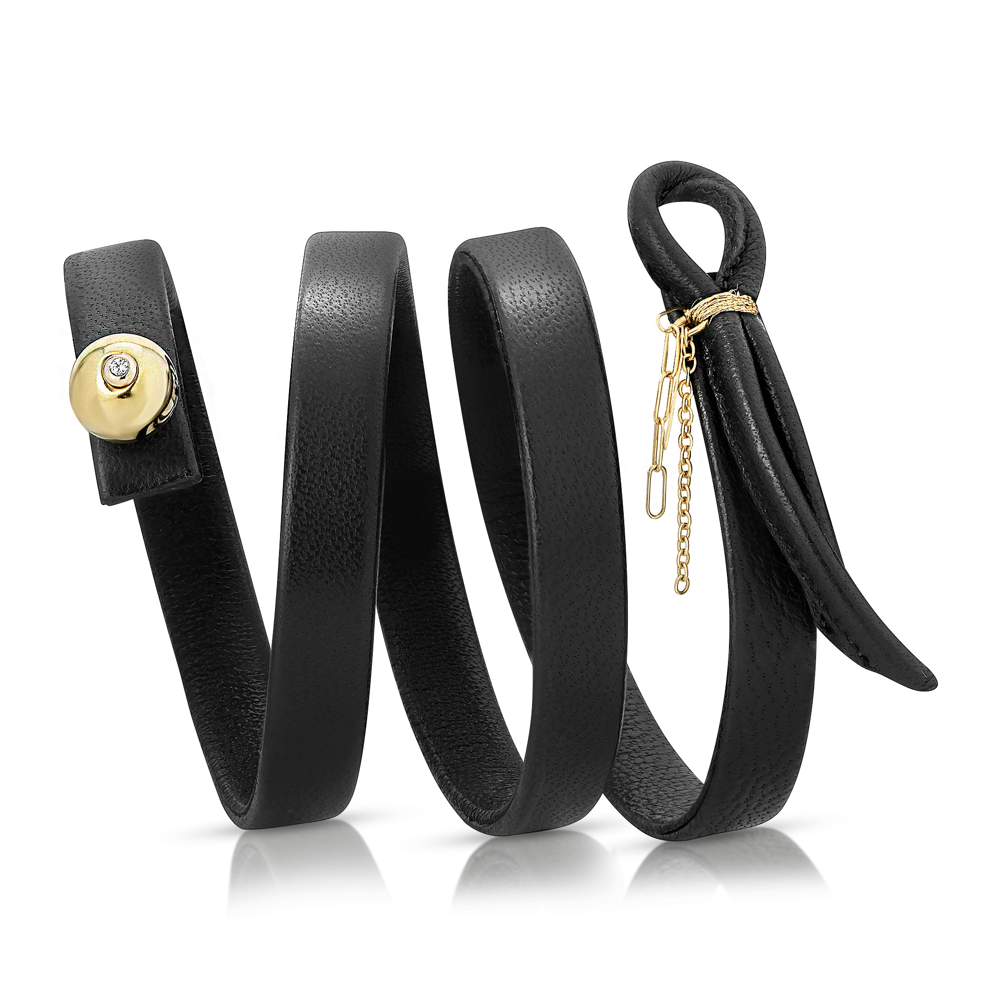 Close-up of 14k gold diamond-encrusted ball on The Diamant leather bracelet