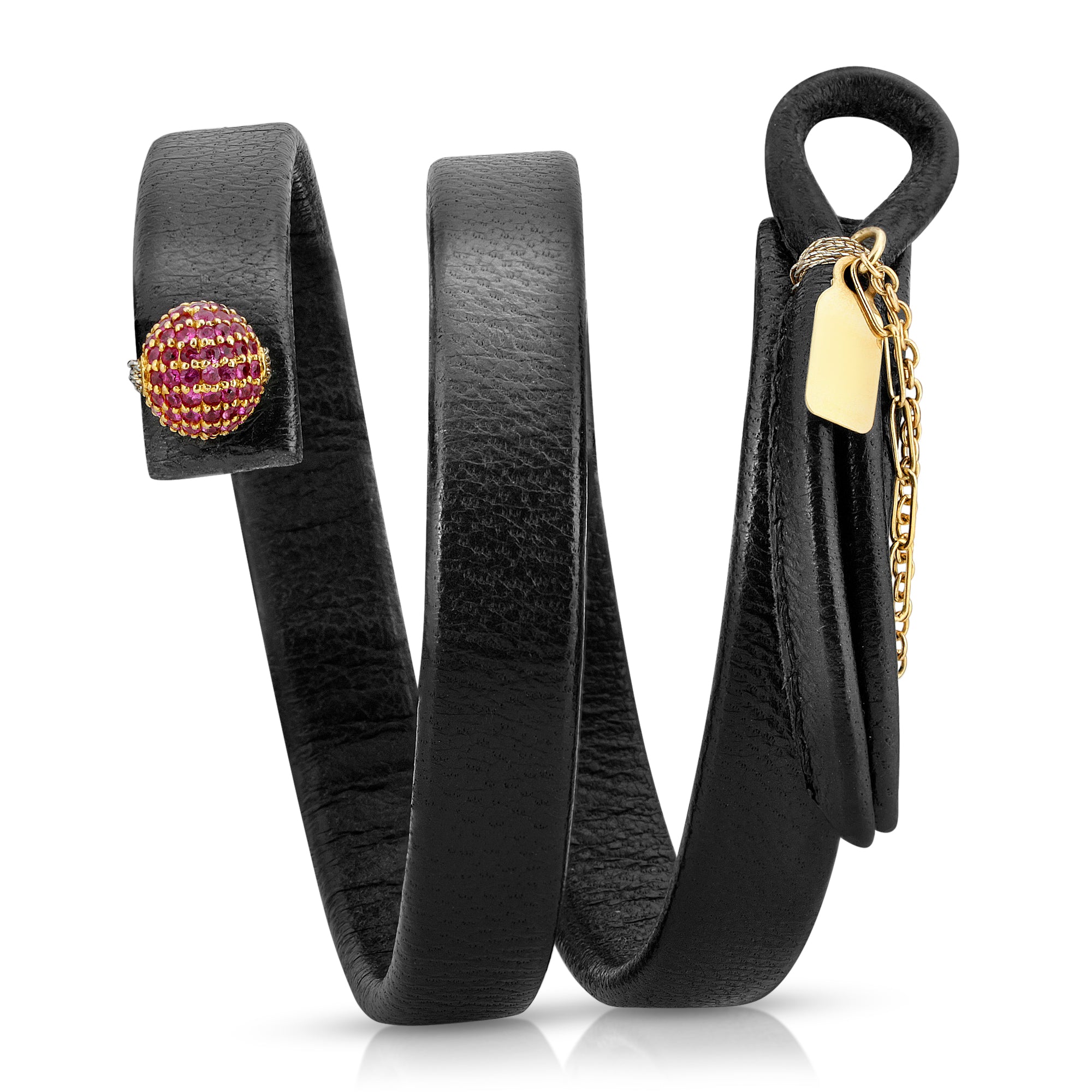 Close-up of 14k gold ruby ball on The Empress leather bracelet by Boussidan
