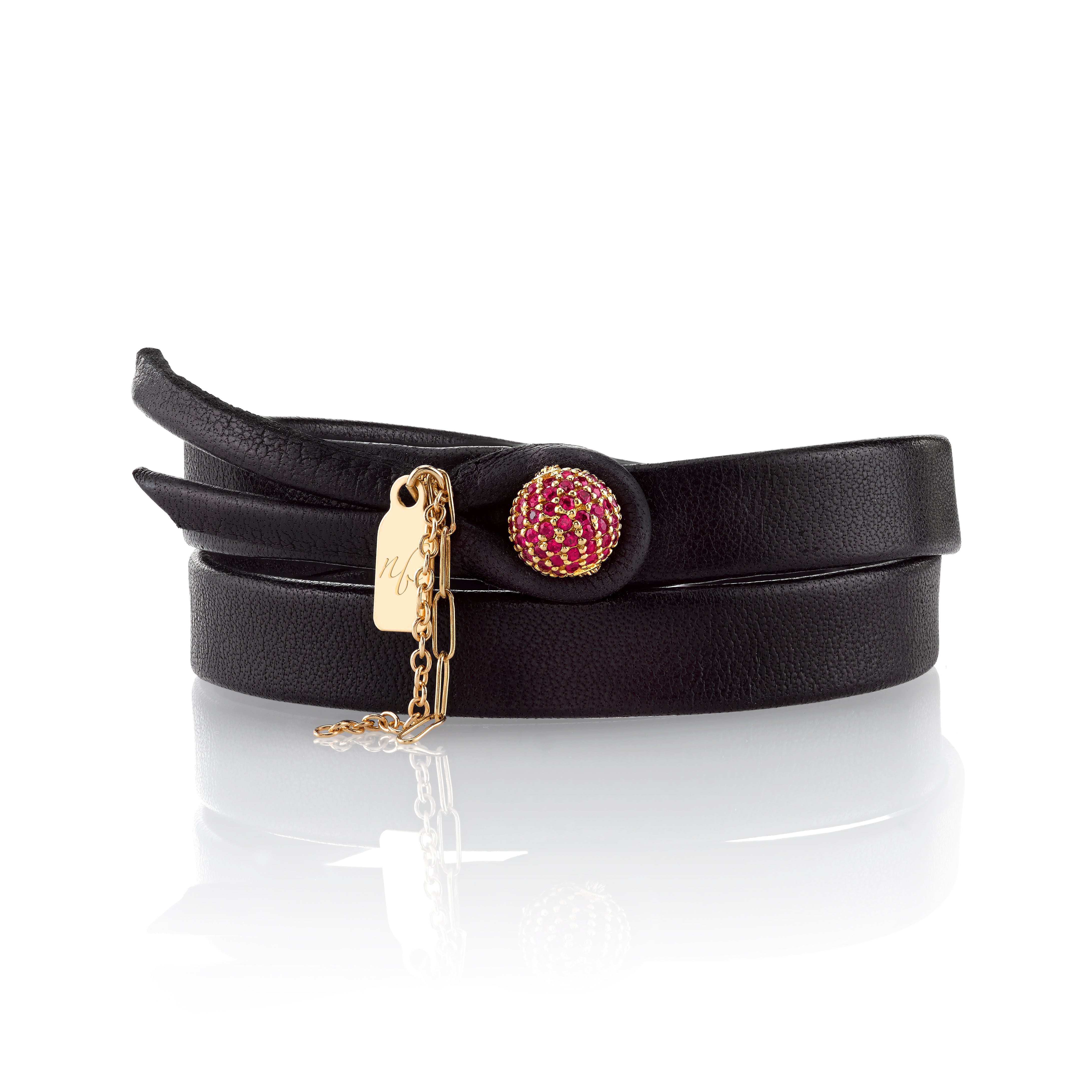 14k gold chains detail on The Empress leather bracelet by Boussidan