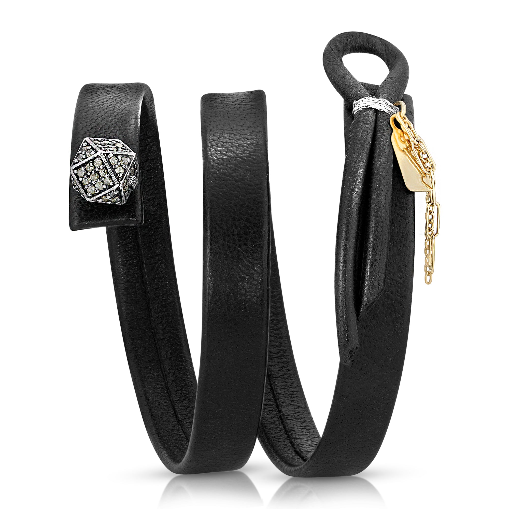 Close-up of sterling silver geometric diamond ball on The Hexane leather bracelet