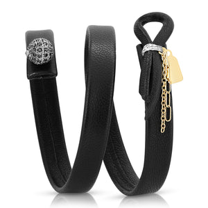 Close-up of sterling silver black diamond ball on The NOIR leather bracelet