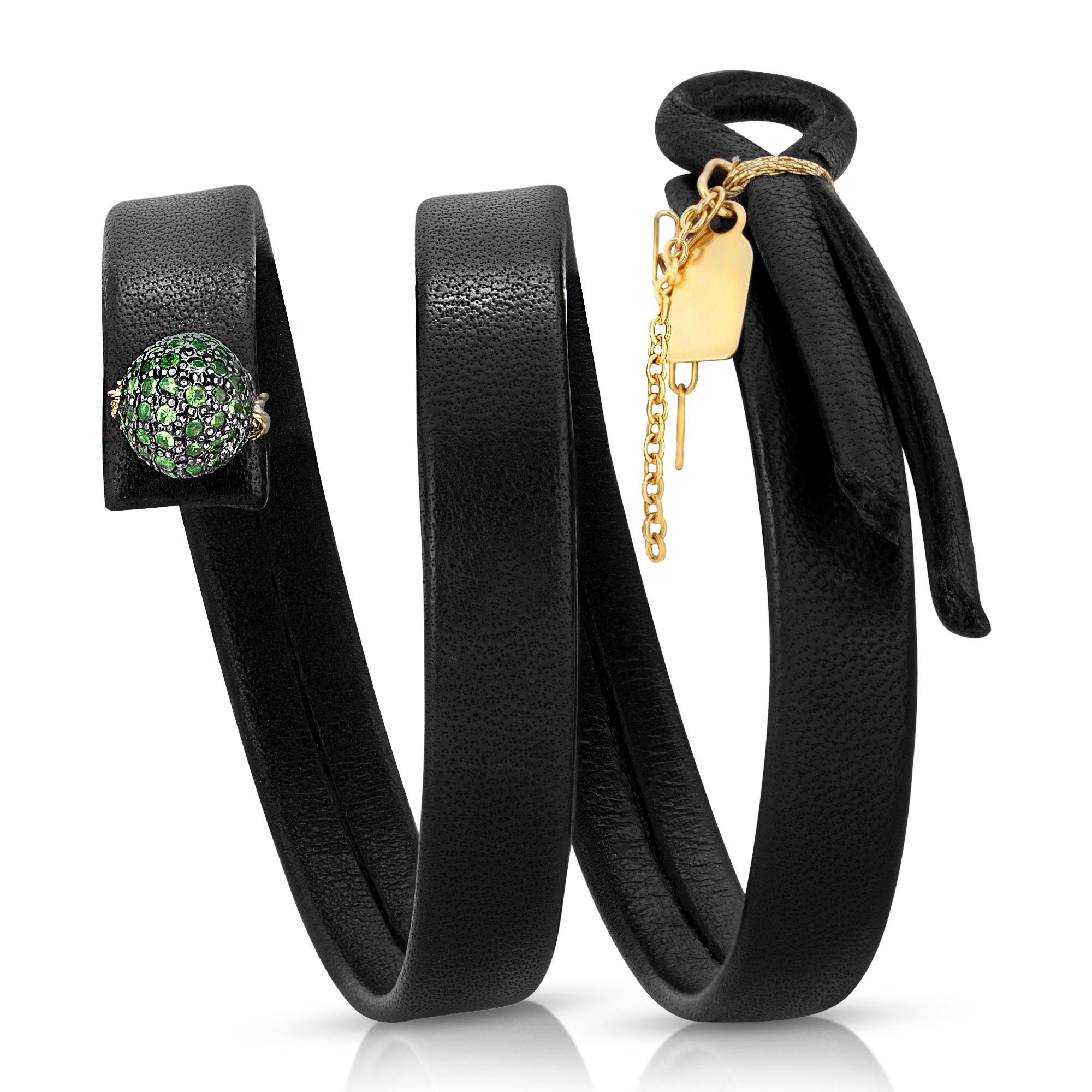 Close-up of sterling silver tsavorite ball on The Tsarina leather bracelet